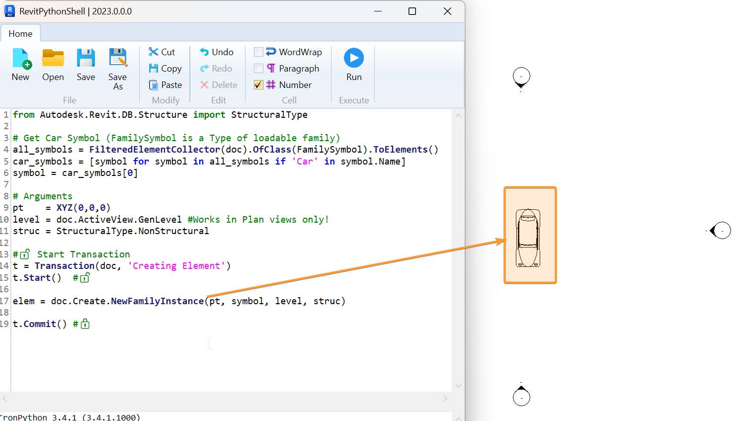 The script running in RevitPythonShell, and the family it placed